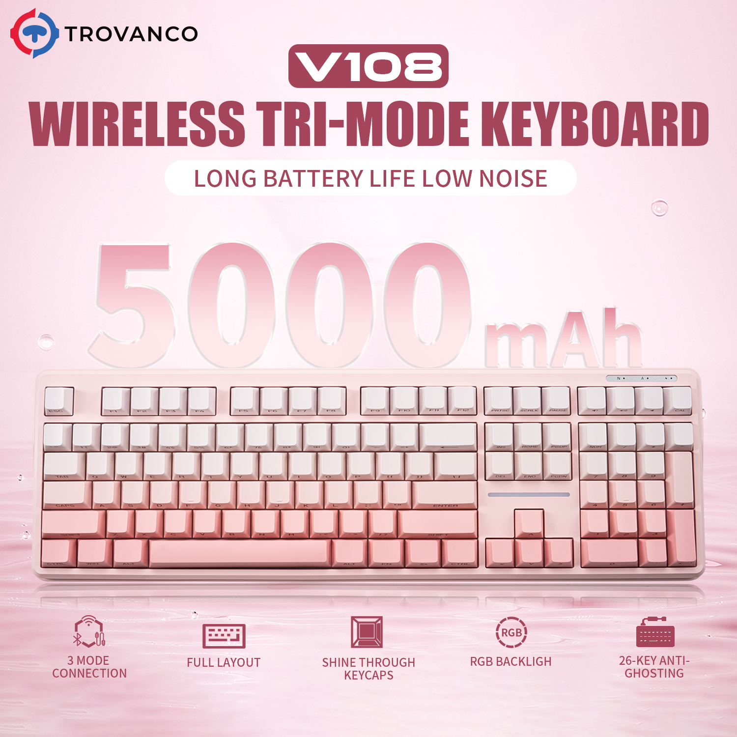 Gaming Keyboard No Noise - V108 Bluetooth Keyboard Wired&Wireless 2.4G 100%